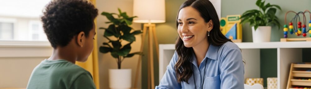 ABA therapist smiling during a one-on-one session with a child at a therapy table