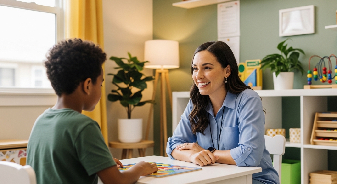 ABA therapist smiling during a one-on-one session with a child at a therapy table