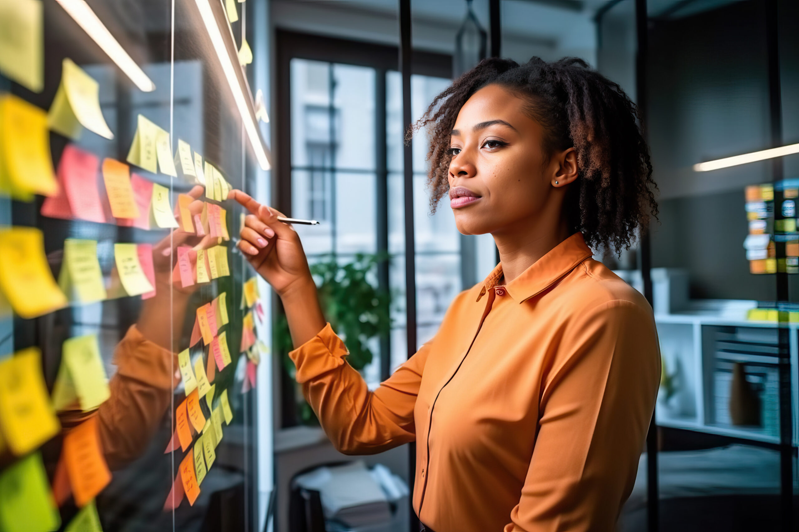Business Woman in front of a wall of sticky notes