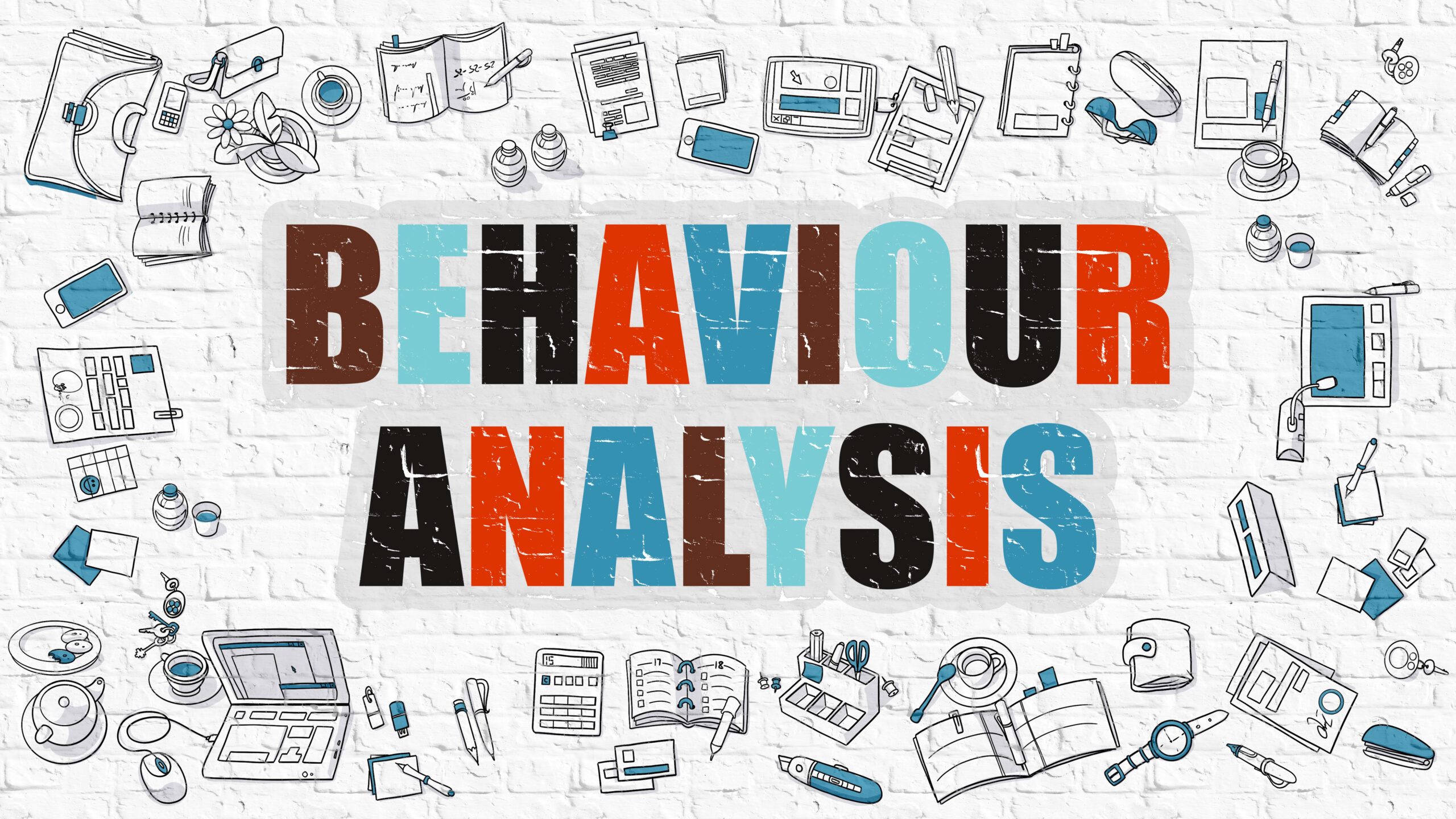 Behaviour Analysis Concept. Modern Line Style Illustation. Multicolor Behaviour Analysis Drawn on White Brick Wall. Doodle Icons. Doodle Design Style of Behaviour Analysis Concept.