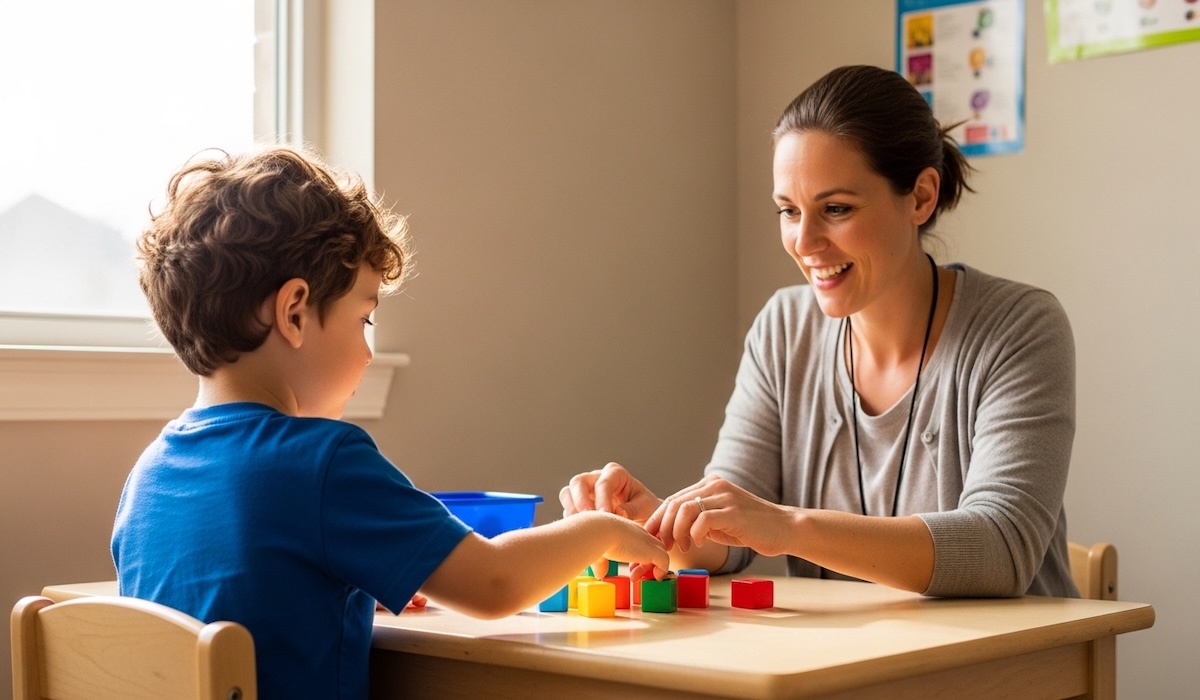 ABA therapist working with young child on block sorting activity during early intervention session
