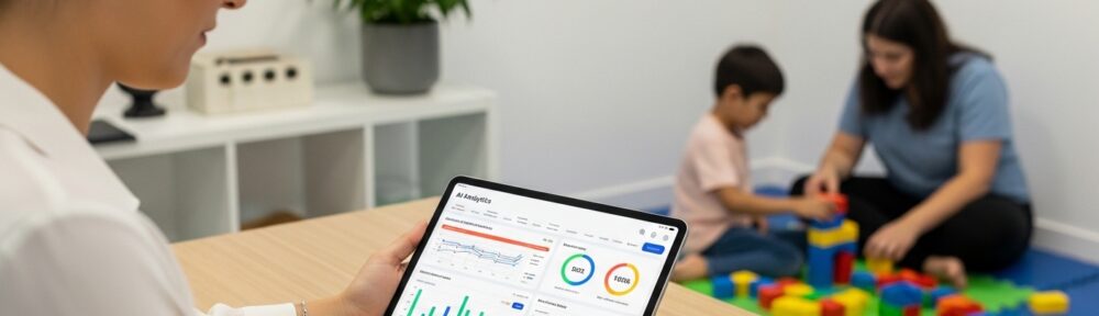 ABA therapist reviewing AI analytics dashboard on a tablet while a child works with a therapist in the background during an ABA therapy session.