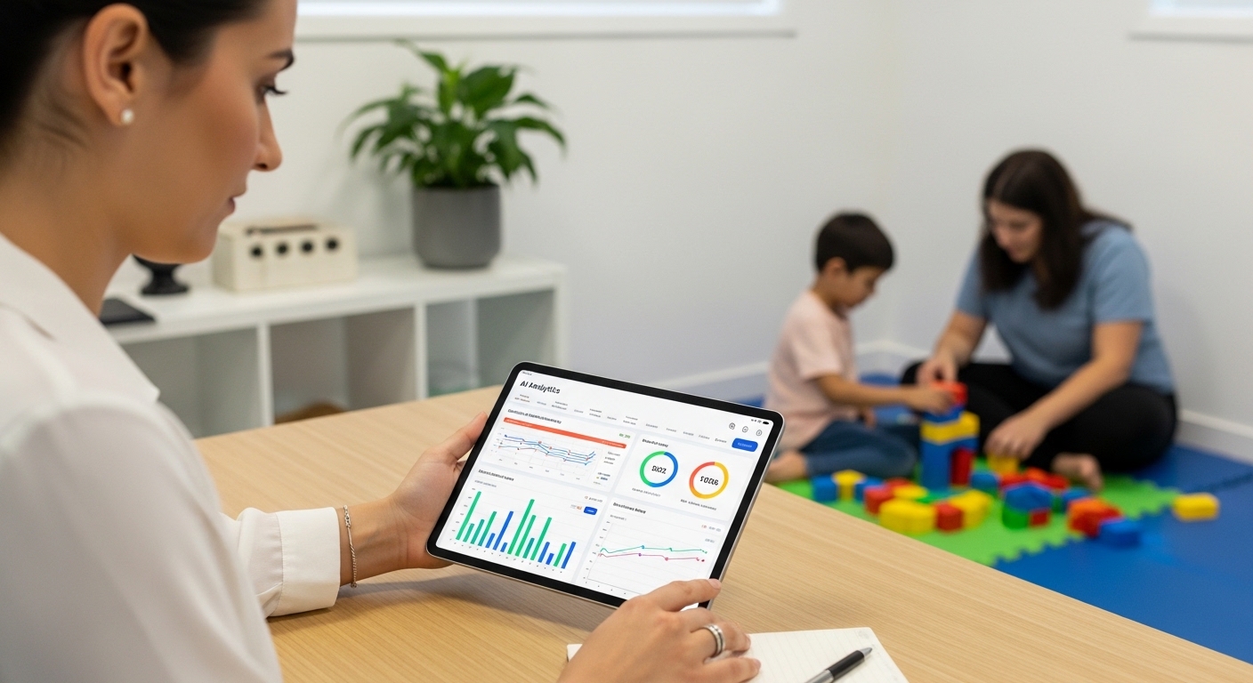 ABA therapist reviewing AI analytics dashboard on a tablet while a child works with a therapist in the background during an ABA therapy session.