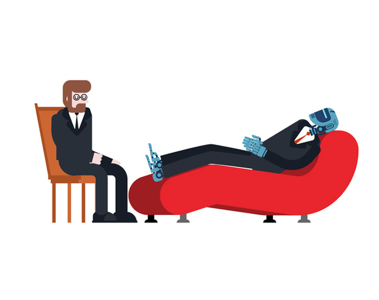 robot on sofa talking to therapist