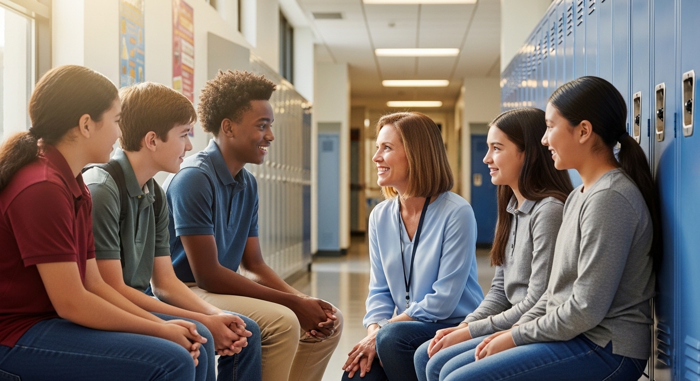 A school counselor sits with a diverse group of middle school students in a hallway, having a supportive conversation next to blue lockers