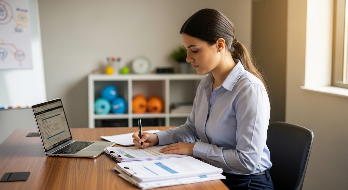 ABA graduate student reviewing program documents at a desk with a laptop in a clinical office setting