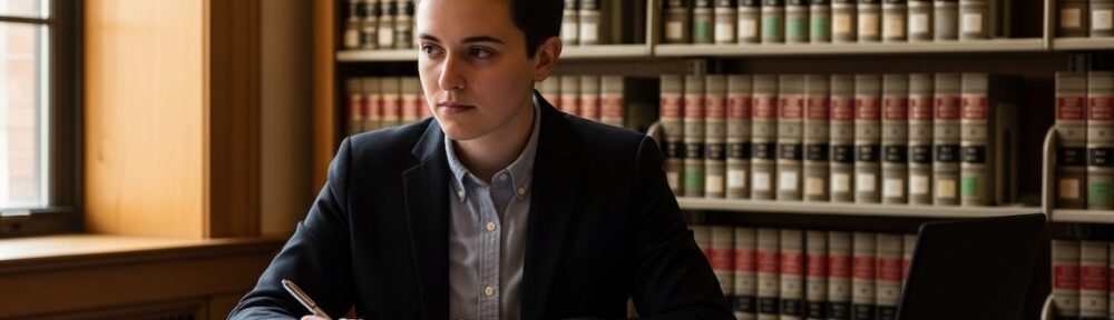 Graduate student studying at a library desk with open textbook, laptop, and coffee mug, surrounded by shelves of academic books