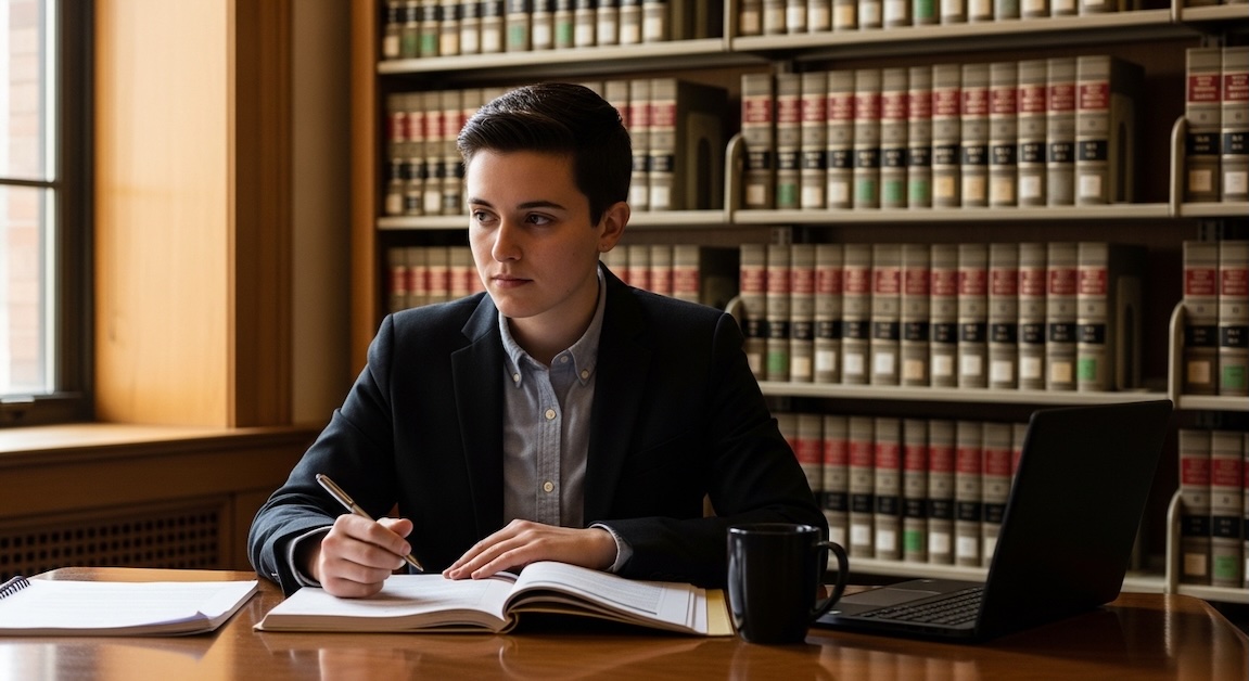 Graduate student studying at a library desk with open textbook, laptop, and coffee mug, surrounded by shelves of academic books